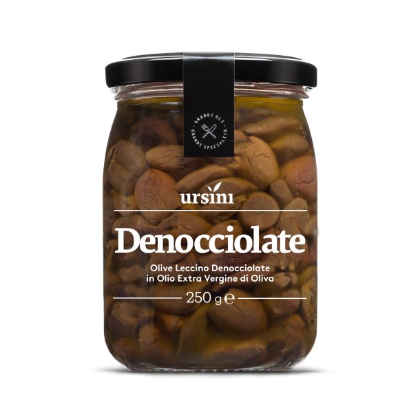 Udstenede sorte Leccino oliven i ekstra jomfru olivenolie, 250g. Bedst fr 2025-03-29